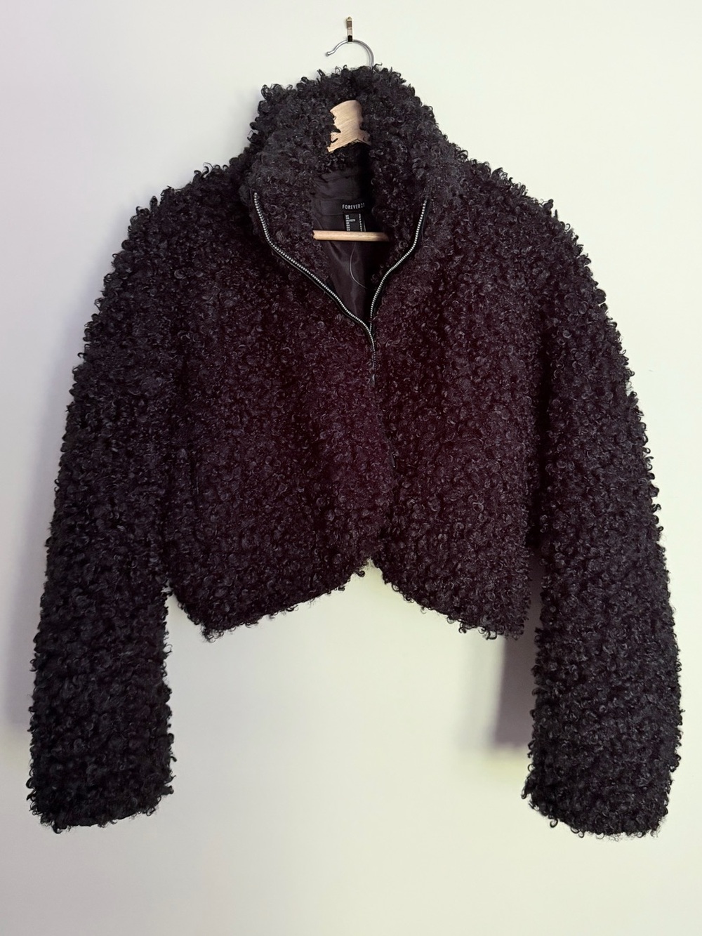 Forever 21 Black Teddy Cropped Zip Jacket